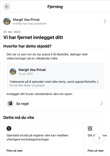 Skjermbilde av sensurert innlegg