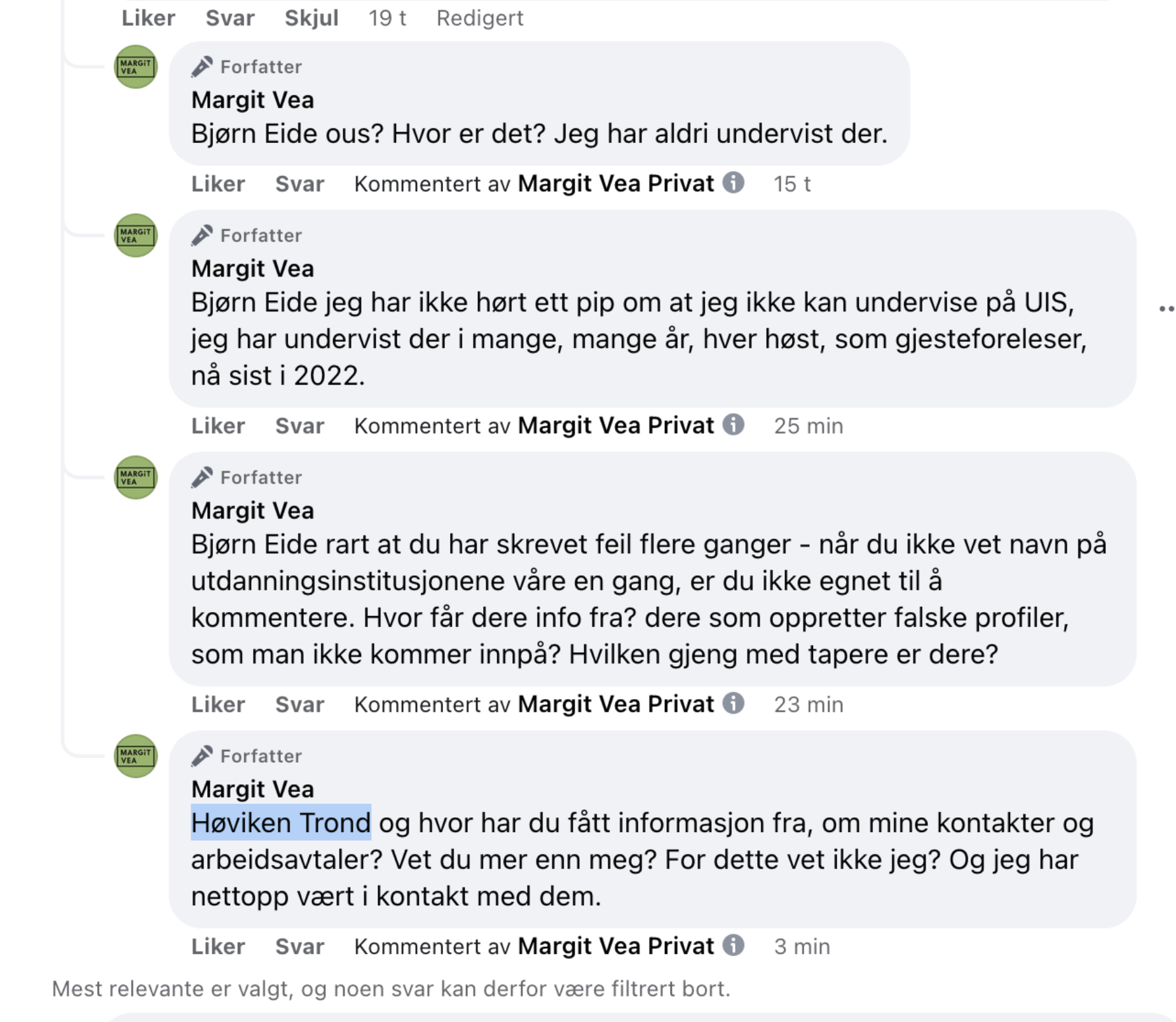 Svar fra Margit Vea
